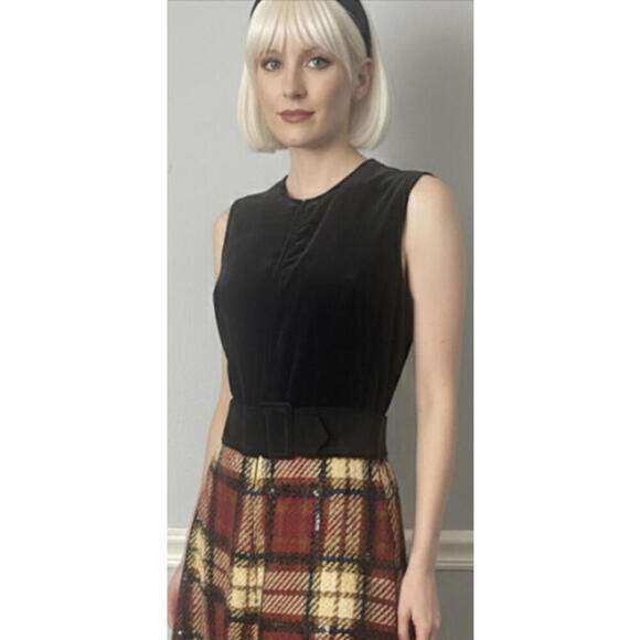 Pants - Vintage Women's Knee-Length Plaid Culotte and Black Velvet Top w/ Scarf